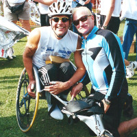 Racing at the CAF's San Diego Triathlon Challenge with a certain supporter and friend (Early 2000's).